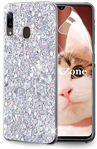 OKZone Coque pour Samsung Galaxy A20E [avec Film de Protection écran HD], Mince Étui en Silicone Souple Paillette Strass Brillante Bling Bling Glitter de, Flexible Plein-Corps TPU (Argent)