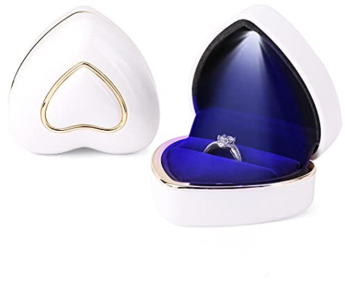 Rolin Roly Ring Box mit LED Licht Herzform Samt Ring Schachtel Velvet Geschenkbox FÜR Ring Schmuckschatullen Vorschlagen Ringkasten für Hochzeit Verlobungsring (White Heart Ring Box)