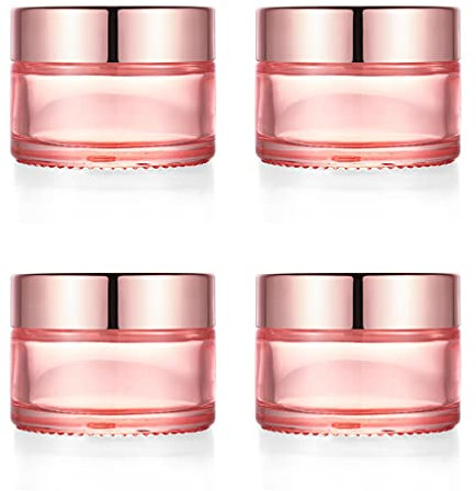 Furnido Lot de 4 pots de crème en verre rose de 30 ml pour le visage, crème cosmétique, crème avec couvercle rose doré, doublure intérieure pour hydrater, fard à paupières, émulsion de maquillage