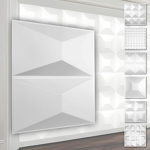 HEXIM 3D Wandpaneele, PVC Kunststoff weiß - Pyramiden Design Paneele 50x50cm Wandverkleidung (5QM HD028) hinter TV Hintergrund PVC Wandtapete