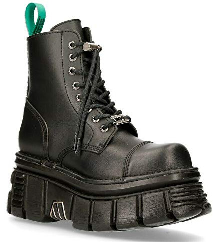 New Rock M-NEWMILI083-VS2 Unisex Kampfstiefel Aus Veganem Leder in Metallic-Optik, Schwarze Militär Gothik Punk Plateauschuhe 41