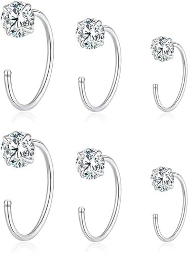 3 Paires De Boucles d'Oreilles Demi-Créoles En Argent Sterling Avec Oxyde De Zirconium Pour Cartilage, Tragus, Nez, Faux Piercing 6/8/10 Mm, Bijoux Hypoallergéniques Minimalistes (Blanc)