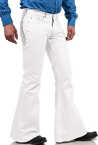 EVEDESIGN 70er-Jahre-Disco-Hose für Herren, Glöckchenhose, 60er-/70er-Jahre-Blockenhose, Vintage-Denim-Hose für Herren, Weiss/opulenter Garten, XXL
