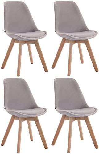CLP 4er Set Retrostühle Borneo Samt Mit Hochwertiger Polsterung I Lehnstühle mit robustem Holzgestell, Farbe:grau, Gestell Farbe:Natur