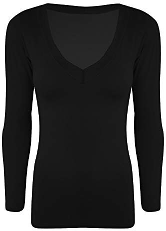Fashion Star Womens Ladies Jersey Plain V Neck Long Sleeve Stretchy Summer T Shirt Tees Top Black Plus Size (UK 20/22)