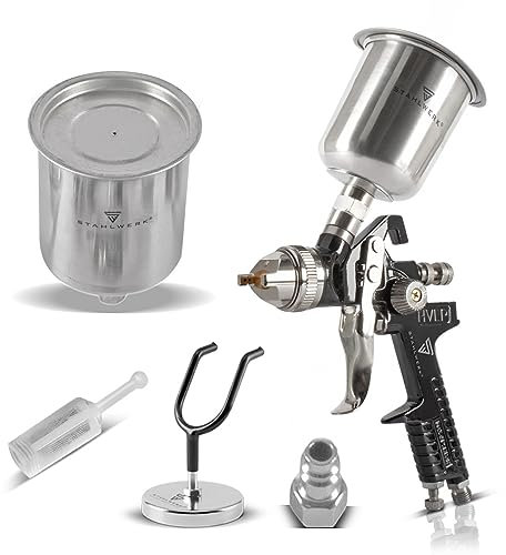 STAHLWERK HVLP Lackierpistole SG-600 ST mit 1,4 mm Düse und 600 ml Fließbecher, Lackierpistolen-Halter, Profi Spritzpistole/Sprühpistole/Spraypistole