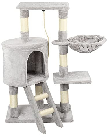 Mehrstöckiger Kratzbaum, 95 cm hoch, 1 Sisalseil, 1 Schlafsack, 1 Baumloch und eine kleine Treppe mit 2 Stufen, Sisal-Kratzbaum für Katzen zum Ausruhen und Spielen, grau(Inventar in Deutschland)