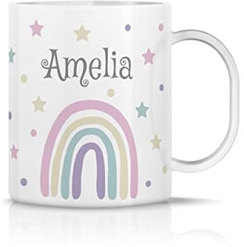 iCaseDesigner Personalised Childrens Mug - Unbreakable Lightweight Polymer - Add Your Own Name - Rainbow Stars