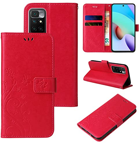 LBH Handy Hülle für Xiaomi Redmi 10 Case Handytasche Schmetterling Blumen Flower Standfunktion Schutzhülle Magnet Rundum Schutz 360 Grad Flipcase Cover Rot