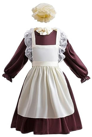 Lito Angels Kolonial Pionier Bäuerin Kleid Kostüm Verkleidung mit Schürze und Haube für Kinder Mädchen Größe 6-8 Jahre 128, Braun