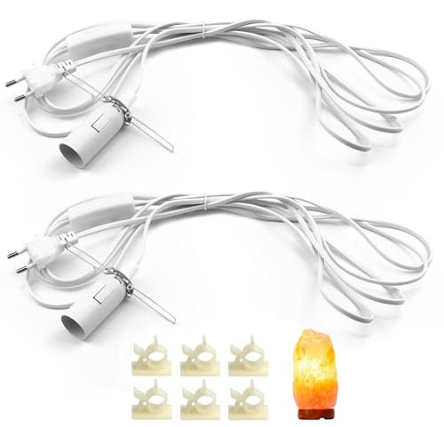 LongZYU 2 Stücke Kabel mit Schalter für Salzlampe Lampenfassung E14 mit 3,5M Lampenkabel mit Schalter EU-Stecker Salzlampenfassung Isolierung Salzleuchte Kabel Salz Lampefassung Schalter Weiß