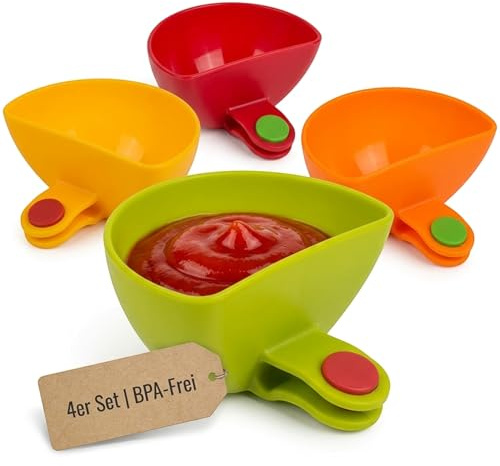 MIJOMA | 4er Set Dip-Schale mit Clip | Praktisch und Farbenfroh | Sparen Sie Platz auf dem Teller mit diesen Mini-Bowls, 7,5 cm Durchmesser | Bunter, BPA-freier Kunststoff
