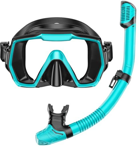 Schnorchelset Erwachsene Schnorchelausrüstung Anti-Leck und Anti-Beschlag gehärtete Glaslinse Panoramablick Schwimmmaske Trockenschnorchel-Kit für Schnorcheln Tauchen mit Tragetasche Wasser-Grün