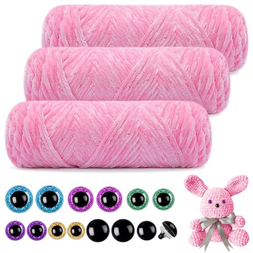 Mngevcy 3 x 150 m Chenille Wolle zum Häkeln, Flauschige Wolle, Weiche Chenille Garn mit Sicherheitsaugen für Stricken (Rosa)
