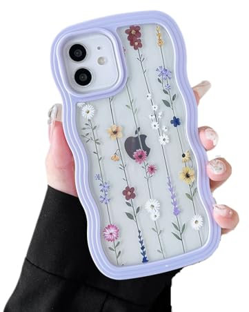 ZTOFERA Wavy Case for iPhone 11 (6.1), Cute Clear Protective Case with Climbing Flowers Pattern, Hard PC Colored Wave Frame Soft Silicone Bumper Shockproof Cover for Girls Women, Purple