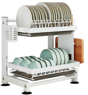 Heikoeco® Abtropfgestell Geschirr, Geschirrabtropfgestell mit Abtropfschale & Utensilienhalter,2-stufiges Geschirr Abtropfständer, höhenverstellbares Abtropfgestell (Weiß, 2 Ebene)