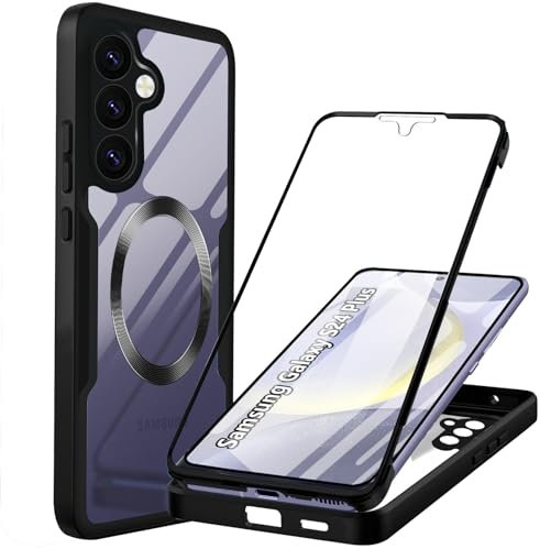 Magnetic Hülle Kompatibel mit Samsung Galaxy S24 Plus 360 Grad Schutz mit Eingebautem Displayschutz Stoßfest Schutzhülle Silikon Bumper Cover Clear Magnetisch Handyhülle für Samsung S24 Plus, Schwarz