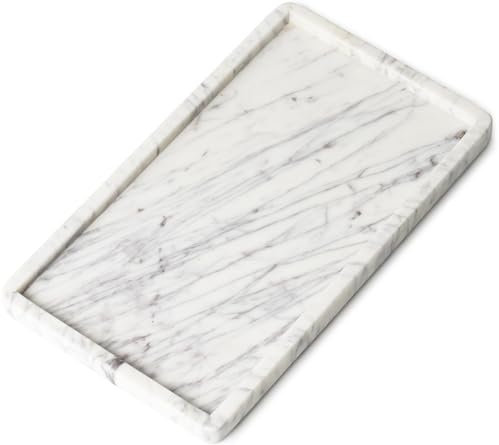 Cork & Mill Bandeja de mármol para encimera de baño, encimera de cocina o capazo, bandeja grande de tocador de 13 x 7½ pulgadas para cuidado de la piel o perfume, organizador de piedra de mármol