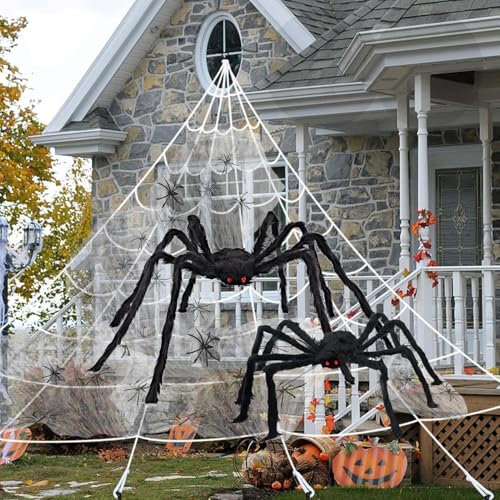 Halloween Deko Outdoor, 2M Riesen Spinne + 1.25M Groß Spinne + 7x5.5M Dreieck Spinnennetz + 60g Dehnbares Spinnenweben, Halloween Deko Spinnen für Halloween Outdoor Garten Party Gruselige Dekorationen
