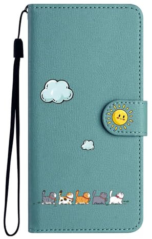 Nbziyoo Lovely Cats Phone Case for iPhone 14 Plus,Cute Cats/Sun Flip Wallet Case with Card Slots, Premium Magnetic PU Leather Cover for iPhone 14 Plus,Green