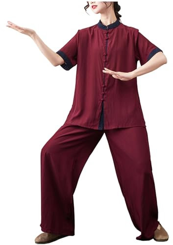 DAYKET Damen-Tai-Chi-Uniform, Traditionell, Kurzärmelig, Kampfsportbekleidung, Morgenübungen, Kung-Fu-Kleidung, Lounge-Bekleidung,Claret-M