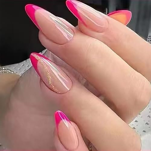 24PCS Short Almond French Tip Pink Press on Nails, Removable Glue-on Set With Stickers, Acrylic Full Cover Stick on for Women Girls