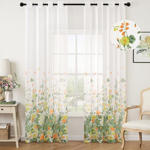 Woaboy Gardinen Grün Voile Blumenmuster Vorhänge mit Ösen Wohnzimmer Transparente Ösenschal Sheer Voile Curtains für Schlafzimmer 2er Set 140x225cm(BxH)