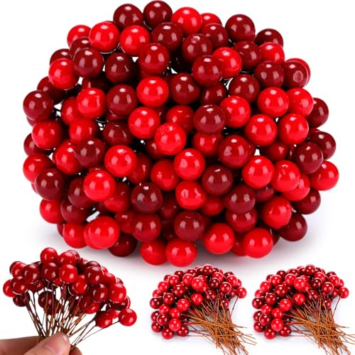 Cindeer 500 Stück Künstliche Beeren Deko 10 mm Mini Weihnachten Beeren Dekoration für Christbaumschmuck Weihnachtsbaum Handwerk Hochzeit Winter Dekoration Heimdekoration DIY(Burgunderrot, Rot)