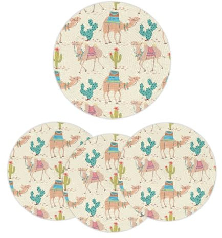 Kamel-Kaktus-Tischsets, rund, geflochten, waschbar, 32 cm, rund, gewebt, hitzebeständig, runde Platzsets für Küche, Esstisch, 4 Stück