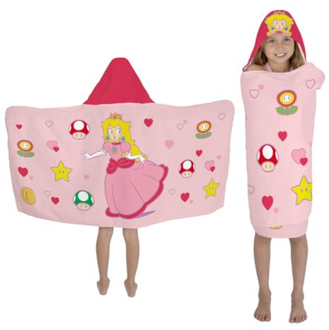 Super Mario Mädchen Prinzessin Pfirsich Kinder-Kapuzenhandtuch, superweich, für Bad/Pool/Strand, weiches Baumwoll-Frottee, 61 x 127 cm, offizielles Lizenzprodukt Franco