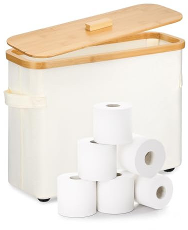 BS-VOG Rangement Papier Toilette, Panier pour 12 Rouleaux avec Couvercle, Boîte en Bois avec Pieds Surélevés pour Organisation de Salle de Bain, Beige