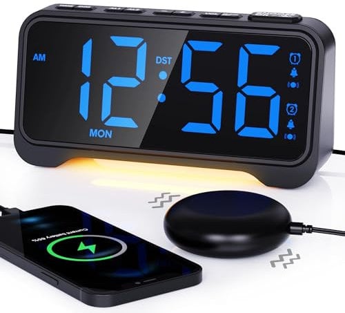ROCAM Wecker Laut für Tiefschläfer (Erwachsene/Kinder), Vibrationswecker mit Nachtlicht, Doppelvibrierender Wecker, Bettschüttler für Hörgeschädigte/Gehörlose, Großes Display mit Dimmer, Wochentag
