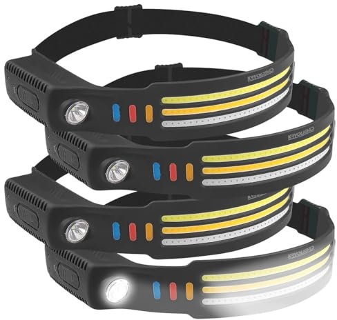 KryoLights Accu Stirnlampe: 4er-Set Akku-Stirnlampen & Flutlichter, 3 SMD-COB-LED-Bänder, 3.000 lm (Stirnlampe LED rot, LED-Stirnlampe aufladbar USB, Arbeitsleuchte)