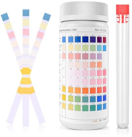 100Pcs Water Quality Testing Strips for Swimming Pool,Aquarium Water Test Kit,Drinking Water Test,for Freshwater, Fish Tank, Fish Pond,Testing pH,Hardness, Iron Copper Nitrate Nitrite Chlorine