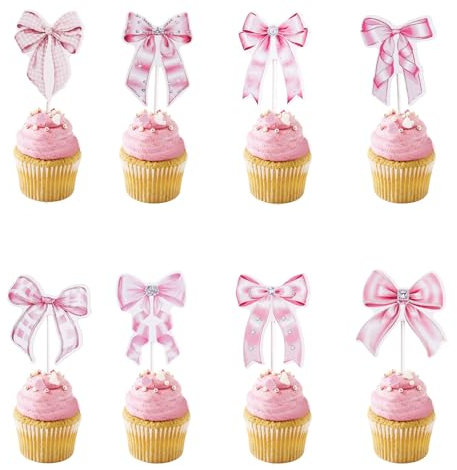 24pcs Décorations pour Cupcakes avec Nœud Rose, Coquet Décoration de Gâteau Nœud Mignon Pics à Cupcakes Décorations d'Anniversaire pour Enterrement de Vie de Jeune Fille Fête Prénatale Mariage
