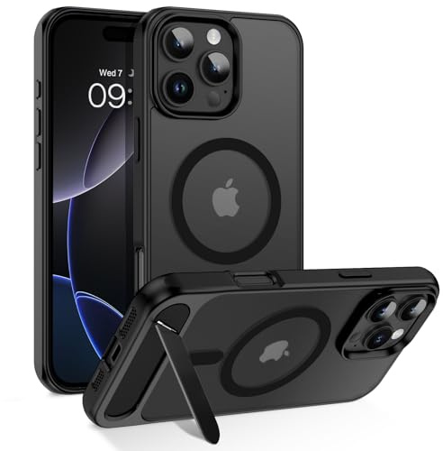 GaoBao Magnetic for iPhone 16 Pro Case with Invisible Titanium Stand,Compatible with MagSafe Translucent Matte Back Men Women Slim Military Shockproof Phone Cover for iPhone 16 Pro Phone Case,Black