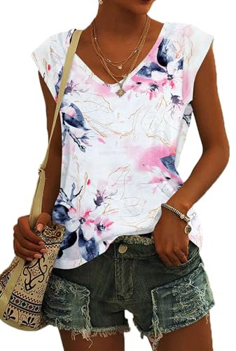 NARRAME T-Shirt à Manches Courtes pour Femme - Débardeur d'été - Haut Ample - Col en V À Fleurs Blanc Rose Bleu XX-Large 2XL 50-52