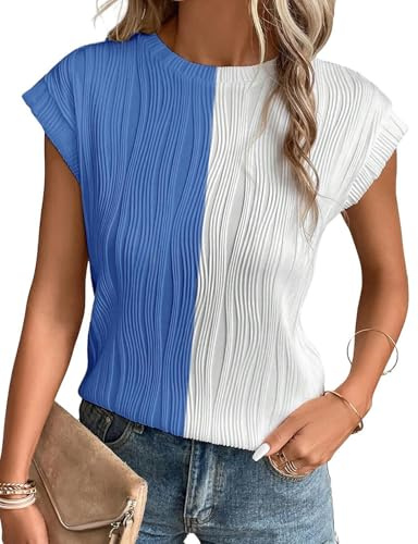 Gemulate Ladies Tops t-Shirt Round Neck Short Sleeve Summer Tunic Tops Womens Casual Knit tee Shirts Office Blouses Blue White XXL