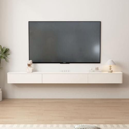 Large Solid Wood Floating TV Stand Cream style wall mounted TV cabinet Media console with Drawers Unit entertainment center Shelf Floating tv console for Living Room Bedroom hotel.(Slate surface,120x2