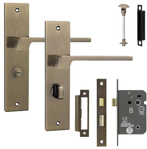 Decoranddecor Spectra Antique Brass Lever Door Handles with Backplate Featuring Bathroom Thumb-Turn Lock for Commercial & Domestic Installation vs Keyhole Backplate Door Handles