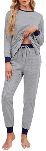 Namatime Schlafanzug Damen Lang Pyjama Set Baumwolle Zweiteiliger Nachtwäsche Winter Loungewear mit Taschen Marineblau L