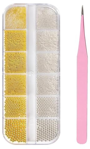 6 Größen Nagelperlen, Perlen Nail Art Charm Kaviarperlen für Nägel Mini Nägel Perlens mit Pinzette und Aufbewahrungsboxen Nagel Deko Perlen Gold Silber Nagel Charms für Nagelkunstzubehör DIY