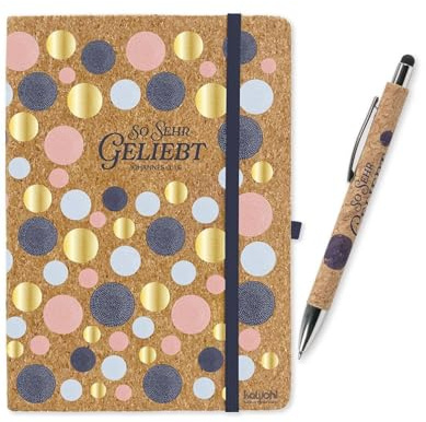 Kawohl Kork Notizbuch und Kugelschreiber Set, A5 14,5 x 21 cm, mit gepunktetem Raster, Korkeinband, Gummiverschluss