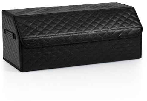COSTWAY Organizador de Maletero de Coche de Cuero con Tapa, Caja de Almacenamiento Plegable con Divisor Extraíble y Gran Capacidad para SUV, Sedán, Camping y Hogar (51 L,Negra Superficie Acolchada)