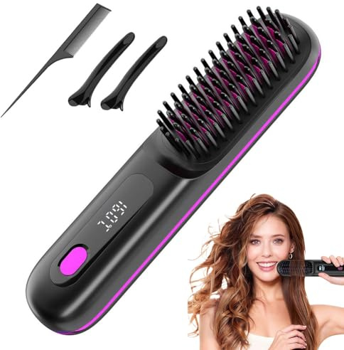 Spazzola per Capelli Elettrica, Spazzola Lisciante Senza Fili, Ricaricabile, Spazzola Riscaldante, per Donne e Uomini Senza Fili con display a LED, 3 Livelli di Temperatura per Lisciare e Arricciare