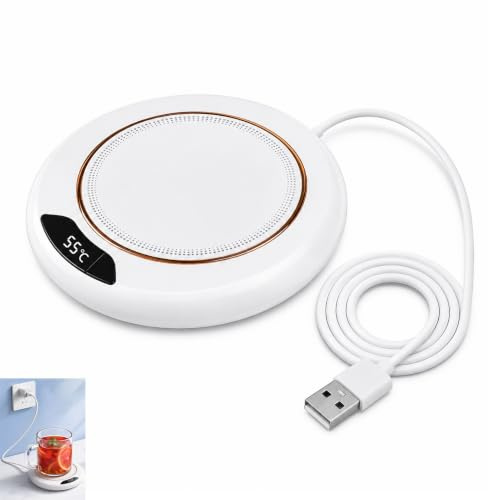 Coffee Mug Warmer, Cup Warmer for Desk USB Powered with LED Display and Smart Touch Control Heated Beverage Plate for Coffee Tea Milk Hot Chocolate Compatible with Ceramic Glass Metal Mugs White