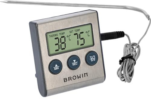 Browin 185609 Lebensmittel-Thermometer Mit Sonde Aus Rostfreiem Stahl - 1,5 M, 0-250°C, Timer, Alarm, Elektronische Anzeige, Für Fleisch