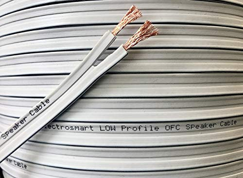 electrosmart 100m Low Profile Flat White Oxygen Free Copper OFC Loud Speaker Cable - Multi-Strand 158 (2x 79 Strand) - Outside Dimensions of Cable: 1.7mm x 10mm