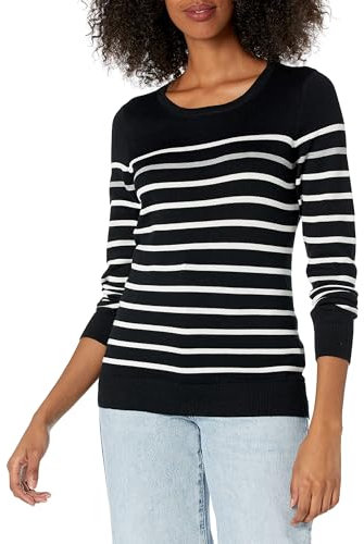 Amazon Essentials Women's Long-Sleeve Lightweight Crewneck Jumper (Available in Plus Size), Black Grey White Stripes, XS