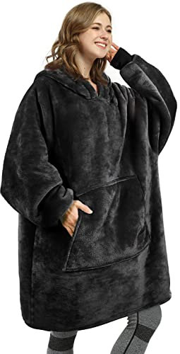 Kato Tirrinia Übergroße Hoodie Decke mit Ärmeln , Tragbare Decke zum Anziehen Damen Deckenpulli, Weiche Flanell Kuschelpulli Ärmeldecke Warme Geschenke Decke für Erwachsene Frauen Herren, Schwarz